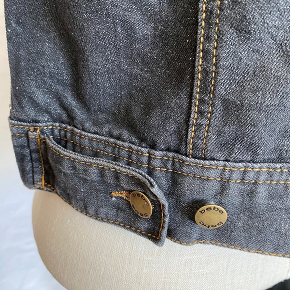 Bebe Rhinestone Denim Jacket Junior Size M Grey Wash Y2K Bling Sparkle Crop NWT - Picture 4 of 14